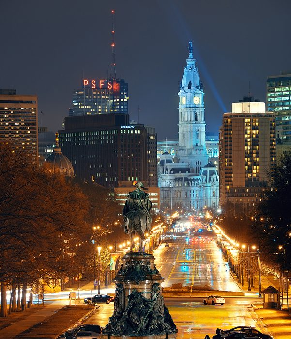 PHILADELPHIA, PENNSYLVANIA - MAR 26: City street view with urban buildings on March 26, 2015 in Philadelphia. It is the largest city in Pennsylvania and the fifth in the United States.